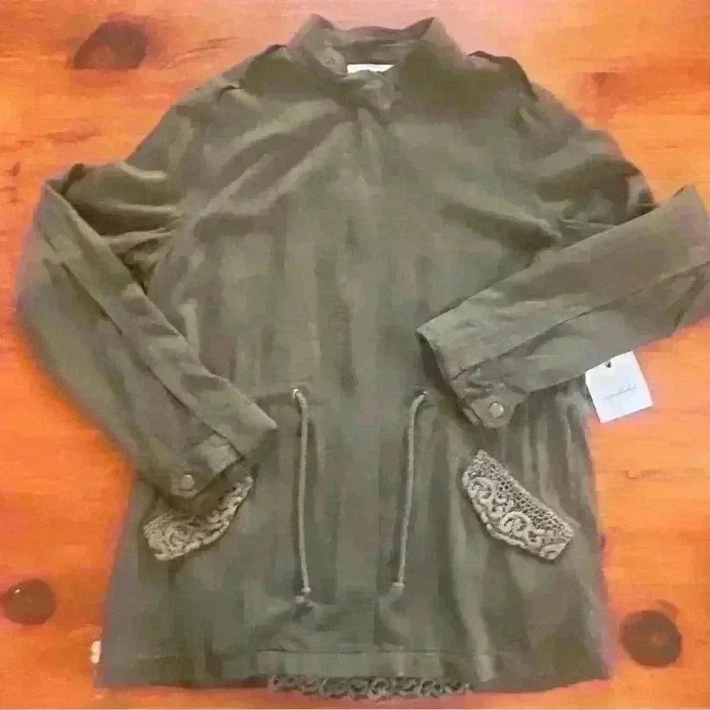 Anthropologie Unpublished Lace Detailed Cargo Jacket. Med Olive Utility Neutral